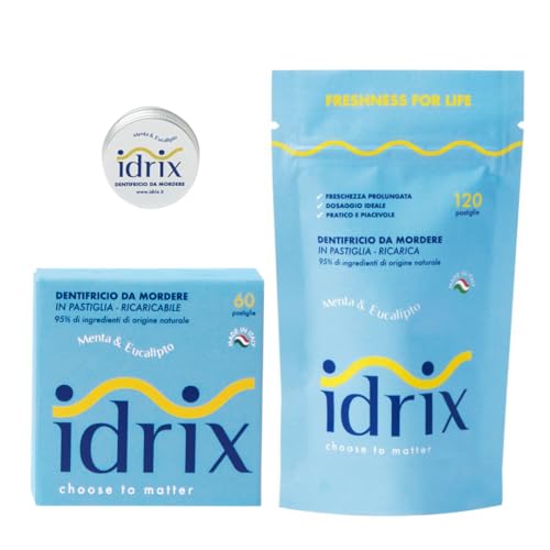 KIT Dentifricio naturale solido-Remineralizzante, con fluoro- Made in Italy- Confezione 60+Ricarica 120 (tot.180 pastiglie) + 1 vasetto viaggio- 3 mesi di utilizzo