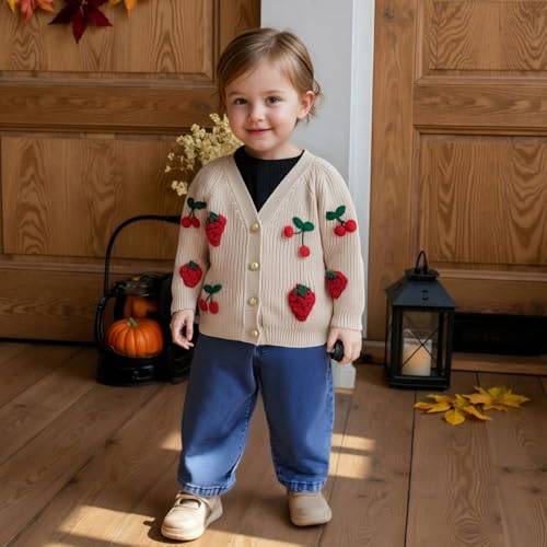 Qiylii Kids Baby Girl Cherry Strawberry Embroidery Cardigan Sweaters Button-Down Thick Knitwear Fall Winter Outwear2