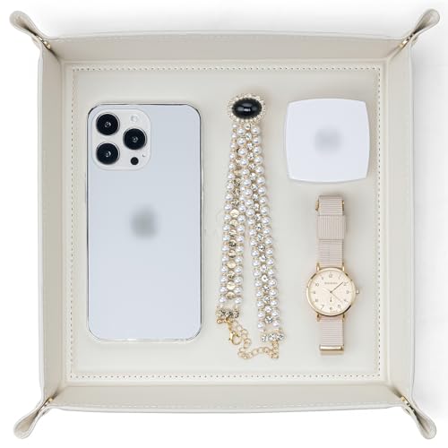 VLANDO レザートレイ 折り畳み式 小物入れ 正方形 アクセサリー収納 腕時計 鍵 スマホ メガネ 男性 玄関 カフェ プレゼント (アイボリー)