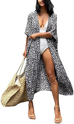 MAFA Femmes Élégant Gilet Plage Kimono Casual Veste Cardigan Été Floral Blouse Chic Robe Bohème Pareo Tops Châle Bikini Cover Up Beachwear (One Size/Länge:130cm Büste:150cm, B-léopard)