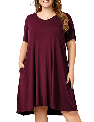 Image of OVERWORETY Womens Short Sleeve Plus Size T-Shirt Dress V Neck Casual Loose Swing A-Line Summer Tunic Dresses with Pockets