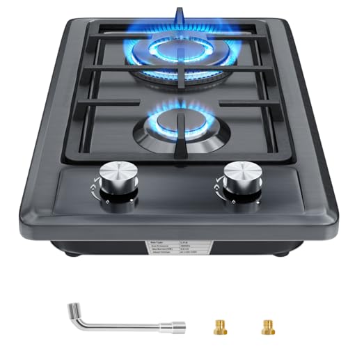 Placa de Gas,Placa de cocción a gas 2 fuegos, autosuficientecon protección térmica automática,Cocina empotrable acero inoxidable,convertible NG/LPG,4300 watt