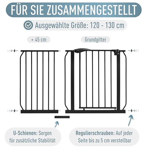 ib style Treppenschutzgitter Berrin - Türschutzgitter für Babys, Gitter für Hunde, Haustiere, Ohne Bohren, Schwarz, Breite: 120-130 cm