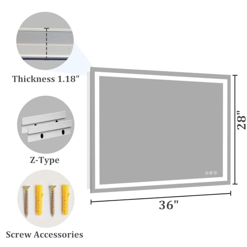 Image of Koonmi 36x28 LED Bathroom Mirror with Light, Anti-Fog, 3 Colors | Backlit + Front Lit, Dimmable Brightness, Shatterproof HD Distortion-Free Tempered Glass, Hardware Included
