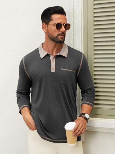 Hardaddy Men's Long Sleeve Casual Polo Shirts Collared Contrast Color Golf Shirt with Pocket2