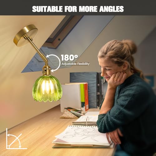 Image of NIORSUN Wall Sconce with Green Glass Lampshade, 180 Adjustable Vintage Wall Sconce with 3000K Edison Bulb, Hardwired Tulip Sconces Wall Lighting with Switch for Bedroom Bathroom Hallway Living Room