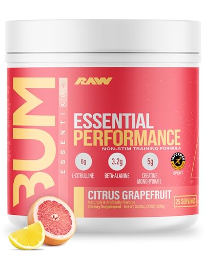 RAW Essential Performance Non-Stim Pre-Workout Powder - Preworkout for Endurance Strength & Focus without Caffeine or Stimulants - Creatine Monohydrate, L-Citrulline & Beta Alanine - Citrus Grapefruit