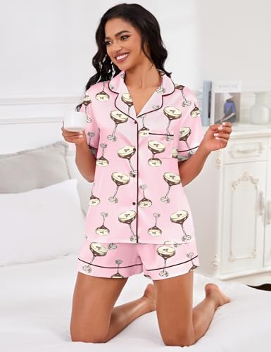 Image of SHESHOW Satin Pajamas for Women Set Preppy Animals Pjs Short Sleeve Shorts 2 Piece Loungewear Sets XS-XXL