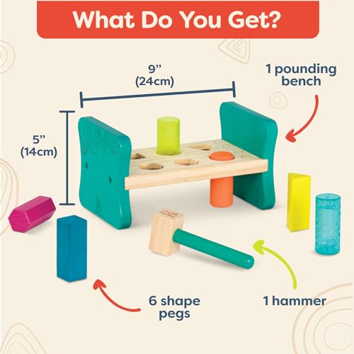 Image of B. toys Wooden Shape Sorter, Colorful Pound & Play | Wooden 8-piece set with 6 colorful shape pegs and toy hammer for sorting, matching, flip-over play, 2+ Years