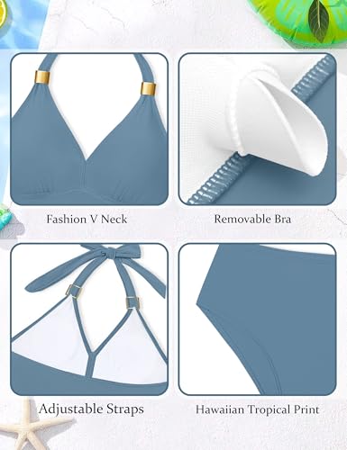 NECIOUS Teen Swimsuits for Girls 12-14 Two Piece Teen Bathing Suits Girls Tankini Set Blue Halterneck Ruched Cute V-Neck Swimwear4