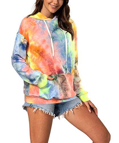 CHAMA Women Long Sleeve Hoodie Tie Dye Printed Sweatshirts Drawstring Pullover Tops with Pocket Casual Sweatshirt Pink-yellow
