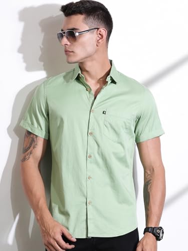 Image of Thomas Scott Men's Premium Slim Fit Casual Shirt | 100% Cotton Twill | Short Sleeves | Spread Collar | Solid Smart Casual Shirt for Men