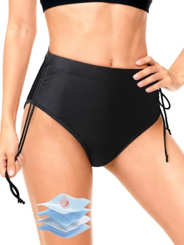 Growmax Perioden Bikini Drawstring Perioden Bikinihose Breiter Gürtel Periode Bademode Zum Schwimmen 4 Schichten Auslaufsicher Schwarz Badehose DamenTeenager Mädchen