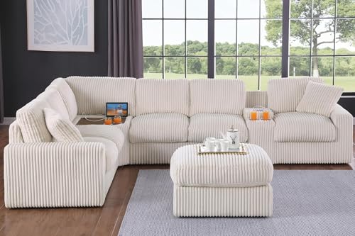Image of Ball & Cast 127 inch Oversized Modular Sectional Sofa L-Shaped,Large Corduroy Upholstered Couch 7 Seat with Ottoman,Cup Holders & USB Ports,Comfty Sectionals W /Pillows & Storage Box,for Living Room,Beige