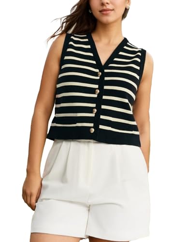 Image of Kedera Women's Sleeveless Knit Striped Sweater Vest Tank Tops Summer Slim V Neck Trendy Pullover, XX-Large