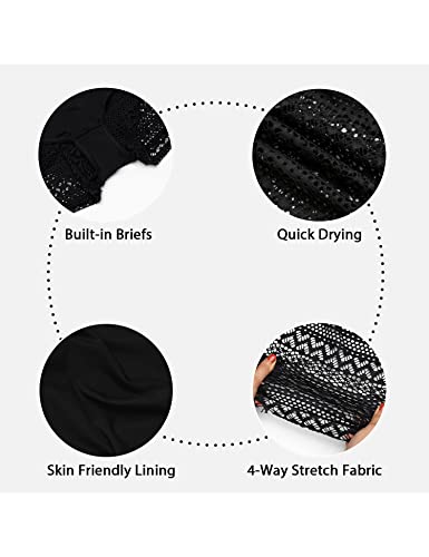 Bonneuitbebe Women's Swim Shorts Lace Hollow Swimsuit Bottoms Mid Rise Bathing Suit Shorts Swimsuit Board Shorts Black #TOP3
