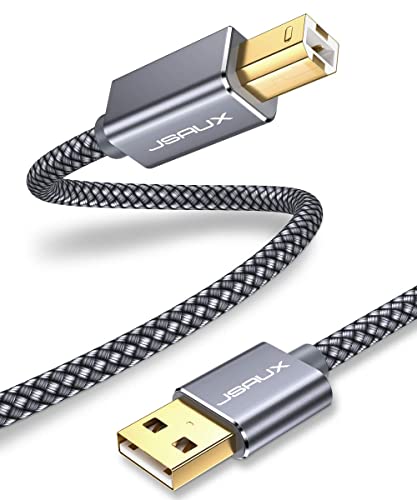 سلك طابعة JSAUX، بطول 2 متر، كابل طابعة USB 2.0 من نوع أ إلى ب، لون رمادي، مصنوع من نايلون مبطن ومزوّد بمقابس مطلية بالذهب، متوافق مع HP، كانون، ديل، Epson، ليكس مارك، زيروكس، سامسونج والمزيد