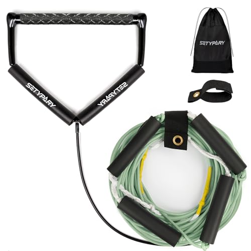 SETYPARY 75FT No Stretch Dyneema Wakeboard Rope and Handle, 4 Sections Floating Wakeboard Tow Rope Water Ski Ropes for Wakeboarding, Waterskiing, Kneeboarding and Wakesurfing (Grayish Green)