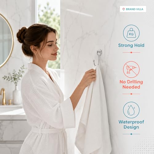 Image of BRAND VILLA Self Adhesive Wall Hooks Pack of 30 Heavy Duty Strong Sticky Waterproof No Drill Wall Hook for Bathroom Kitchen Home Keys Towels Utensils Transparent Utility Hooks