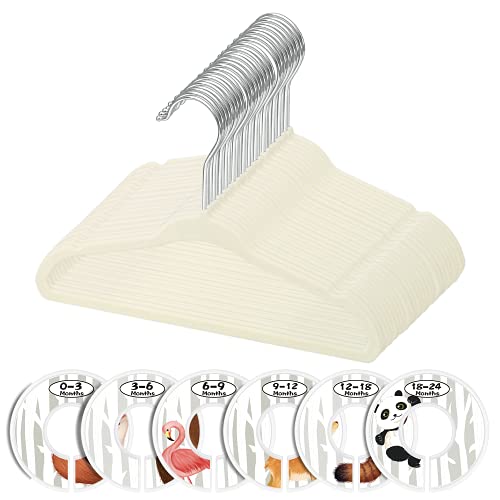 Image of Minnebaby Velvet Baby Hangers, Pack of 30 with 6 Pcs Clothing Dividers, Beige