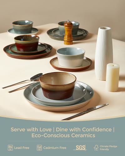 Image of Pokini Ceramic Plates and Bowls Sets for 6, 18pcs Dinnerware Sets, Dish Set
