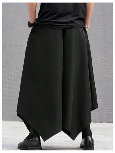OYOANGLE Men's Skirt Pants Elastic Drawstring Waist Irregular Hem Wide Leg Trousers Loose Harem Pants2