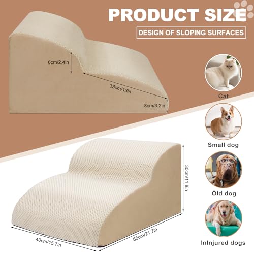 Ezvsevuo Hundetreppe für Kleine Hunde, 2 Stufen Haustiertreppe für Couch aus Hochdichtem Schwamm, Hunderampe aus Schwamm für Sofa Bett, Hunde Treppen mit Abnehmbarer Bezug, Senden Fusselrolle, Beige