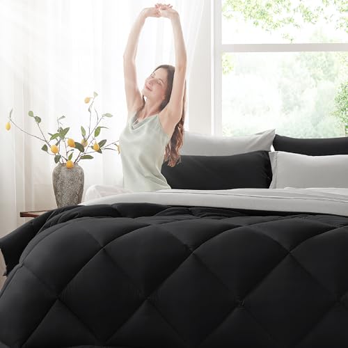 Anluoer King Comforter Set,Black and Grey Bed in a Bag 7 Piece,Lightweight Bedding Set with Soft Down Alternative Fill,Bed Set Includes Comforter, Fitted Sheet, Flat Sheet,Pillowcases and Shams