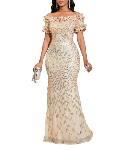 Image of dasmzper Women Sexy Sequin Off Shoulder Ruffle Short Sleeve Bodycon Mermaid Party Formal Evening Maxi Dress