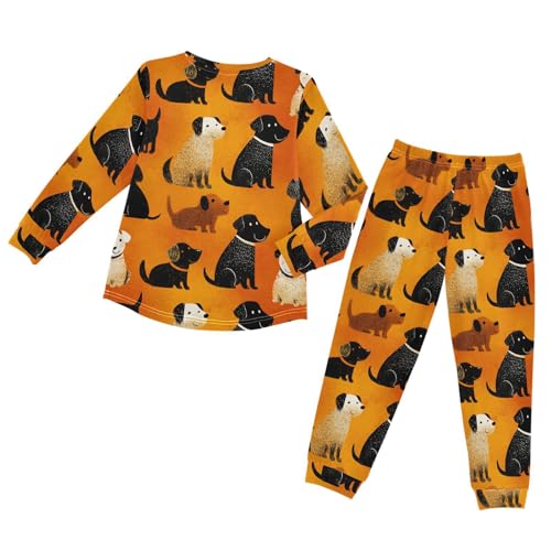 Long Sleeve Pajama Set for Girls Boys,Dogs Pattern on Orange Comfy Crewneck Sleepwears,Soft Kid's Homewear Clothes Underwear Sets 4T2