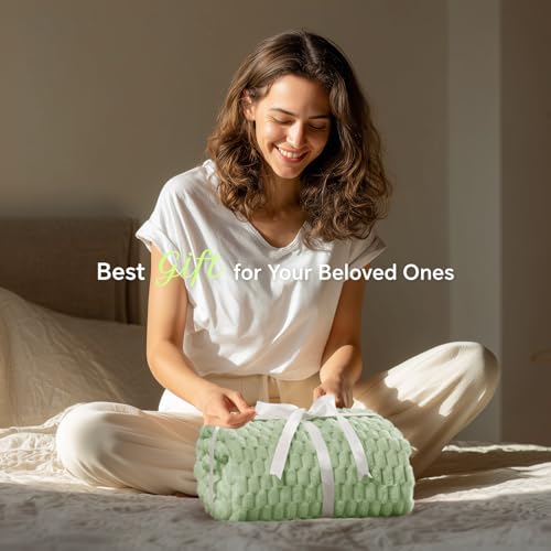 Image of BEDELITE Sage Green Twin Blanket for Couch, Soft Cozy Gift for Women, 60*80 | 3D Jacquard Decorative Fleece Blanket, Super Soft Plush Throws, Cute Birthday Gift for Women & Men, Suitable for All Seasons