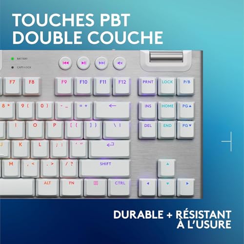 Logitech G G915 X LIGHTSPEED TKL Clavier gaming sans fil ultra-plat, touches PBT double couche, touches entièrement programmables, rétroéclairage RVB, GL Brown Tactile - PC/Mac, FRA AZERTY - Blanc