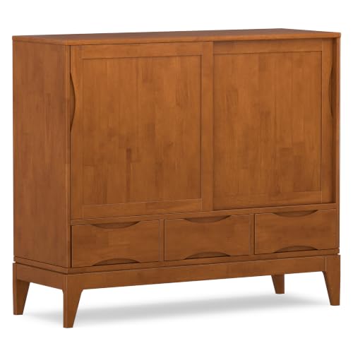 SIMPLIHOME Harper Medium Storage Cabinet - 48 inch Wide Solid Hardwood Sliding Door Cabinet in Teak Brown, Mid-Century Modern Cupboard for Living Room or Entryway with 3 Drawers and Tapered Legs
