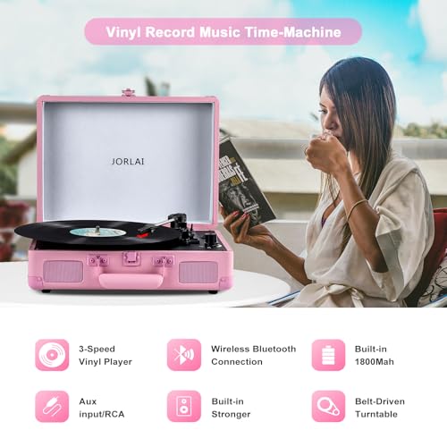 Image of Portable Record Player with Bluetooth 3 Speed Turntable Built in Rechargeable Battery Vintage Suitcase Design with RCA Line Out and Aux in