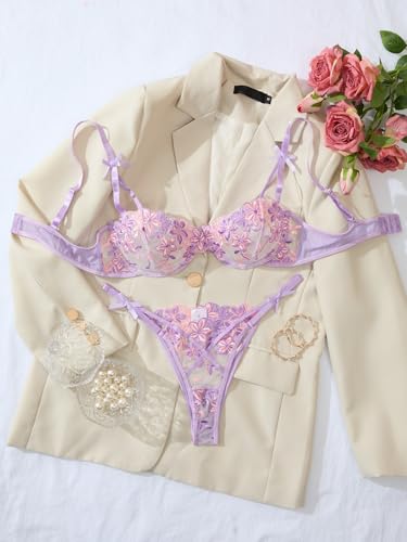 Image of Lilosy Sexy Underwire Cute Push Up Strappy Embroidered Mesh Sheer Lingerie Set See Through Panty Bra