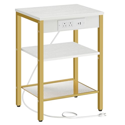 HOOBRO End Table with Charging Station and USB Ports, 3-Tier Nightstand with Adjustable Shelves, Small Side Table for Small Space in Living Room, Bedroom and Balcony, White and Gold DW112BZ01G1