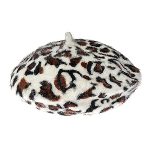 Women Leopard Print Beret Hat Wool French Beret Cap Winter Warm Beanie Hat(White)