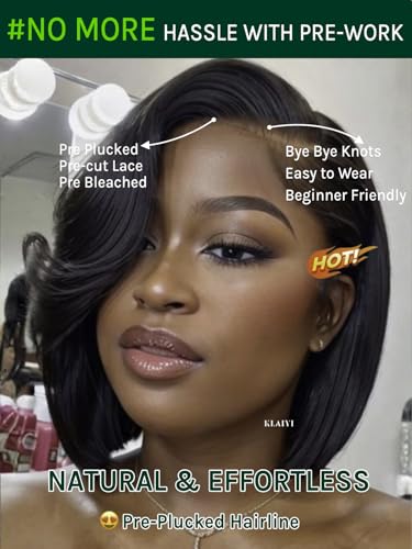 Image of KLAIYI Layered Bob Straight Bye Bye Knots Precut 7x5 Lace Front Wigs Human Hair Side Part Bang Blunt Cut Drawstring Glueless Wear and Go Wig Pre Plucked Bleached 30S Ready to Put On Go Wig 150% 12Inch