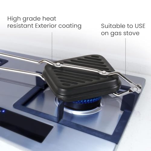 Image of Non-Stick Grill Sandwich Toaster with Nylon Brush | Gas Stove Compatible, Easy to Clean, Ideal for Grilled Sandwiches, Paninis & Tikkas | Durable Aluminium Body | Black