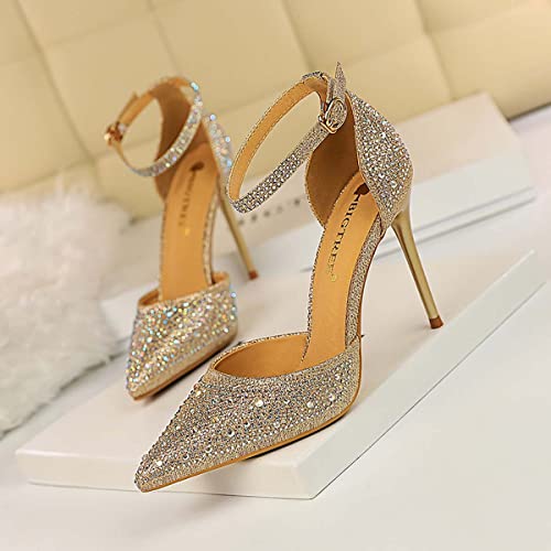 JOEupin Womens RhinestoneStiletto High Heel Pointed Toe Pumps Ankle Strap Closed Toe Pump Sandals2