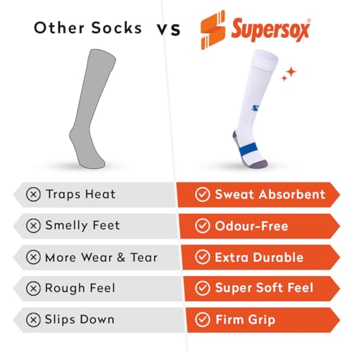 Image of Supersox Unisex Kid's Football Socks - Knee Length Socks with Cushioned Sole, Odour Free & Superior Grip Uniform Stockings for Football /Soccer, Pack of 2
