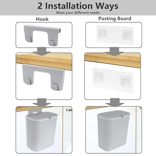 Image of Plastic Hanging Trash Can With Lid, Double-Sided Open Design, Cabinet Door Hanging Wall Storage Bucket for Kitchen (9 Litre Grey)