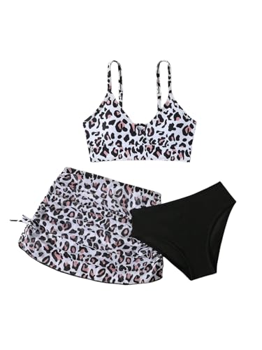 COZYEASE Girls' 3 Piece Set Floral Print Bikini Swimsuit with Drawstring Beach Skirt Cute Ruched Bathing Suit Leopard Black 10 Years