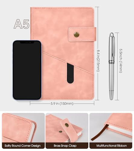 Image of Lined Journal Notebook with Pen, A5 Personalized Hardcover Leather Journal for Men Women, 200 Pages 100 GSM Thick Paper College Ruled Notebooks for Work Travel School Writing Diary 5.9 inch X 8.4 inch Pink