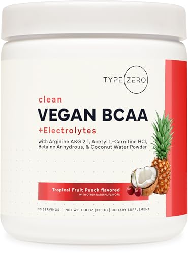Type Zero Ultra Clean Vegan BCAA Powder + Electrolytes (Tropical Fruit Punch | 6G) 2:1:1 Sugar-Free/No Sucralose BCAAs Amino Acids Supplement - BCAA Vegan Amino Acids After Workout Drink, 30 Servings