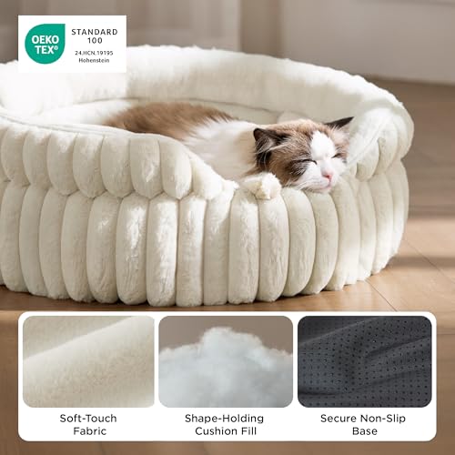 BEDSURE Flauschiges Katzenbett für Wohnungskatzen - 51 x 51 cm kleines rundes Katzenbett, waschbares Katzenbett für Kätzchen und Welpen mit Rutschfester Unterseite und abnehmbarem Kissen, weiß