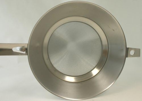 Angled top view of the Paderno World Cuisine 9-1/2-Inch Double Mesh Bouillon Strainer, showing the overall shape and handle attachment.