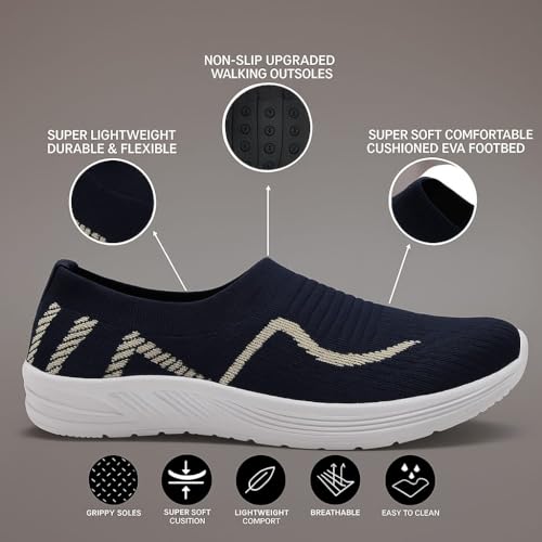 Image of Kids Navy Blue Knit Slip-On Sneakers, Lightweight Casual Shoes with White Sole