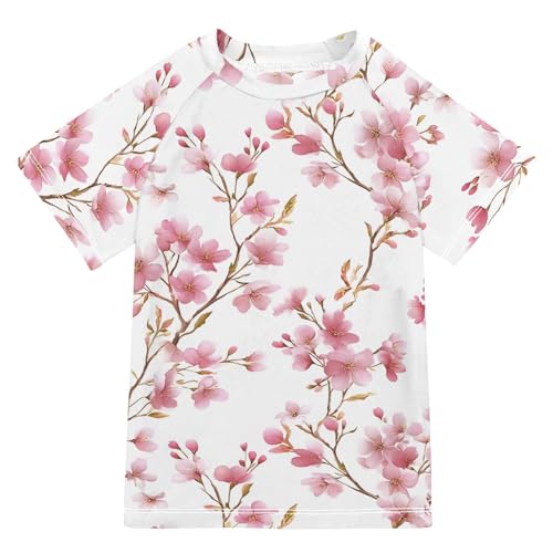 ALAZA Kids Rash Guard Girls Toddler Swim Shirts Short Sleeve Cherry Blossoms UPF 50+ 3T