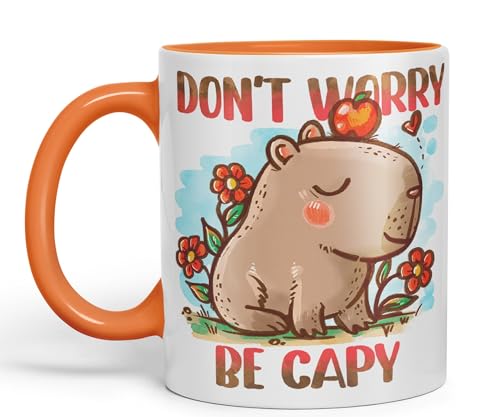 Vixar Capybara Don't Worry Be Capy Kawaii Joke Coloured Ceramic Mug Cup Gift 330ml 11oz Work Office Tea Coffee (Orange)